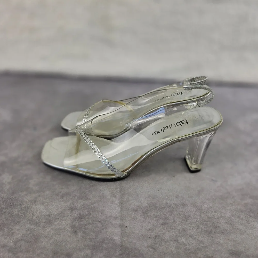 Fabulaire Silver Clear Rhinestone Slingback Block Heels Sandals S2173